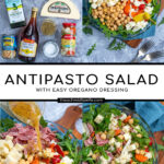 Pinterest Pin with text over lay 'Antipasto Salad with easy oregano dressing', image of a bowl of arugula topped with the ingredients of the salad.