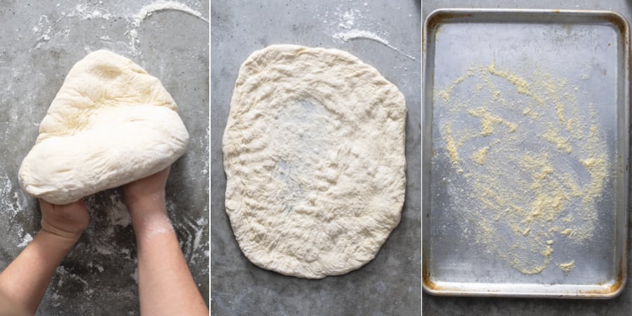 Prepping pizza dough for a sheet pan, making it the right shape to fit on the pan.