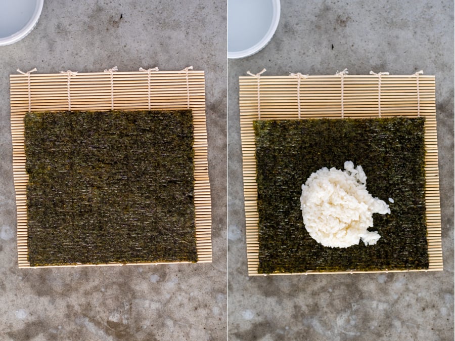 Steps one of rolling sushi laying out the seaweed nori on the mat and adding 1 cup of rice.