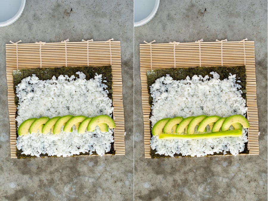 Steps three of California rolls adding sliced avocado and cucumber to the sushi rice.