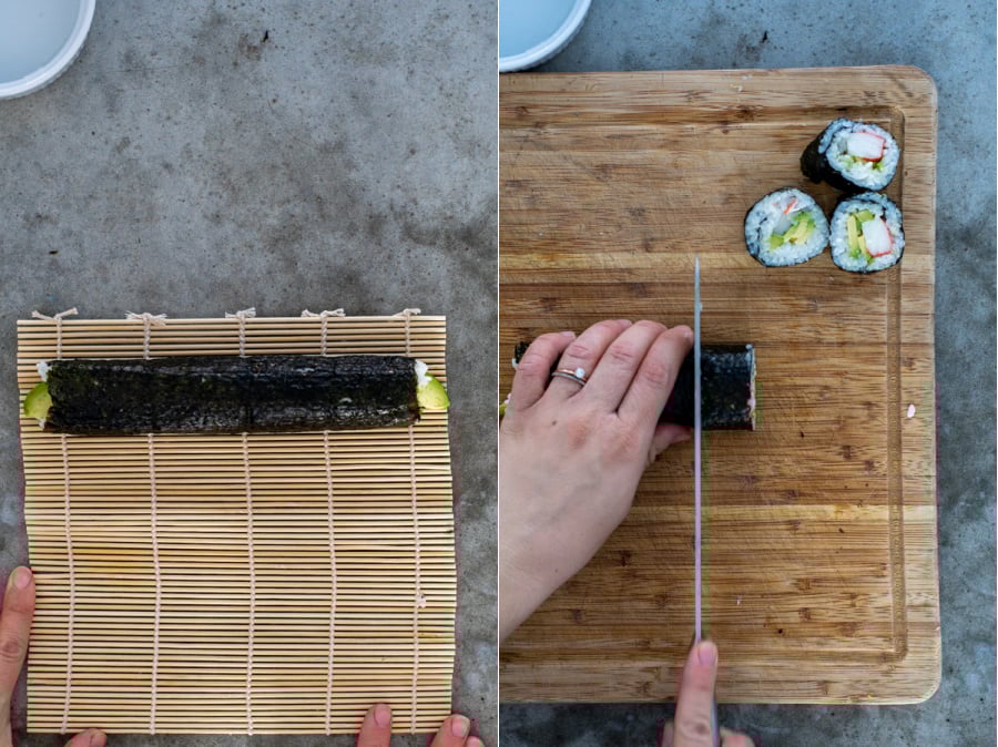 Step 8 of making a California roll, unwrapping it to show the roll and then carefully cutting it into 8 pieces with a serrated knife.
