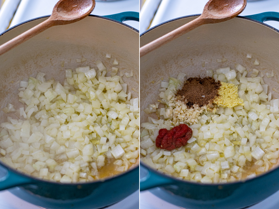Steps showing cooking the diced onion in oil and adding the tomato paste, ginger, garlic, and garam masala.