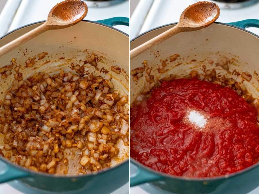Steps showing the onions cooked with the aromatics and then adding kitchen ready tomatoes and salt.