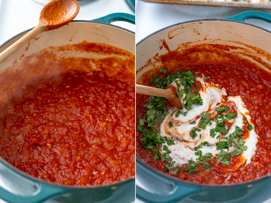 The sauce simmered down slightly and adding plain yogurt and fresh cilantro.