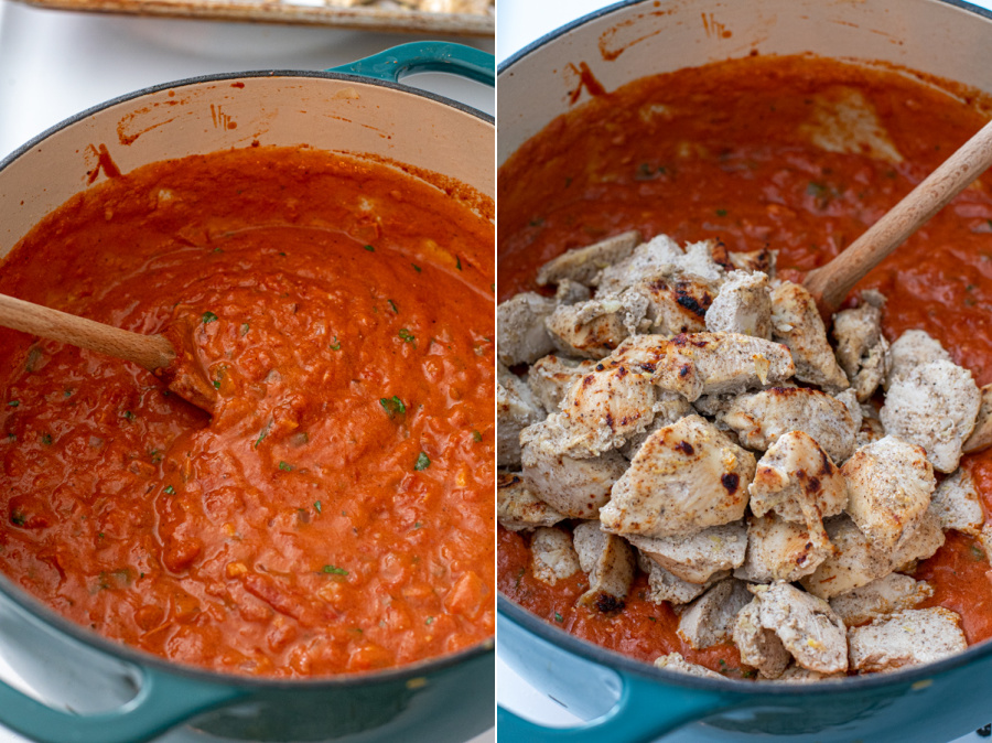 The finished sauce mixed together and the cooked chicken added on top.
