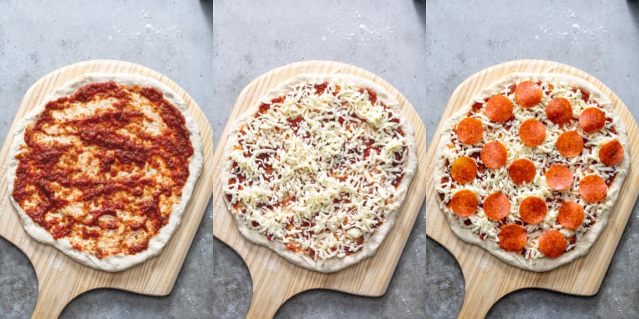 Collage showing a pizza being topped on a pizza peel with sauce, cheese, and pepperoni.