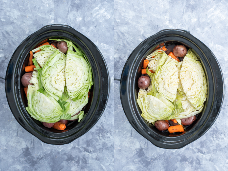 Before and after photo od cabbage being added to the crockpot and then cooked.