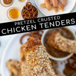 Pinterest Pin with text 'Pretzel Crusted Chicken Tenders', images of ingredients and stack of chicken tenders on a plate next to honey mustard.