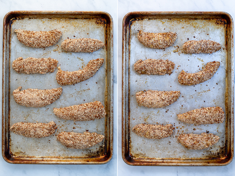 Collage of a before and after of the chicken tenders on a sheet pan.