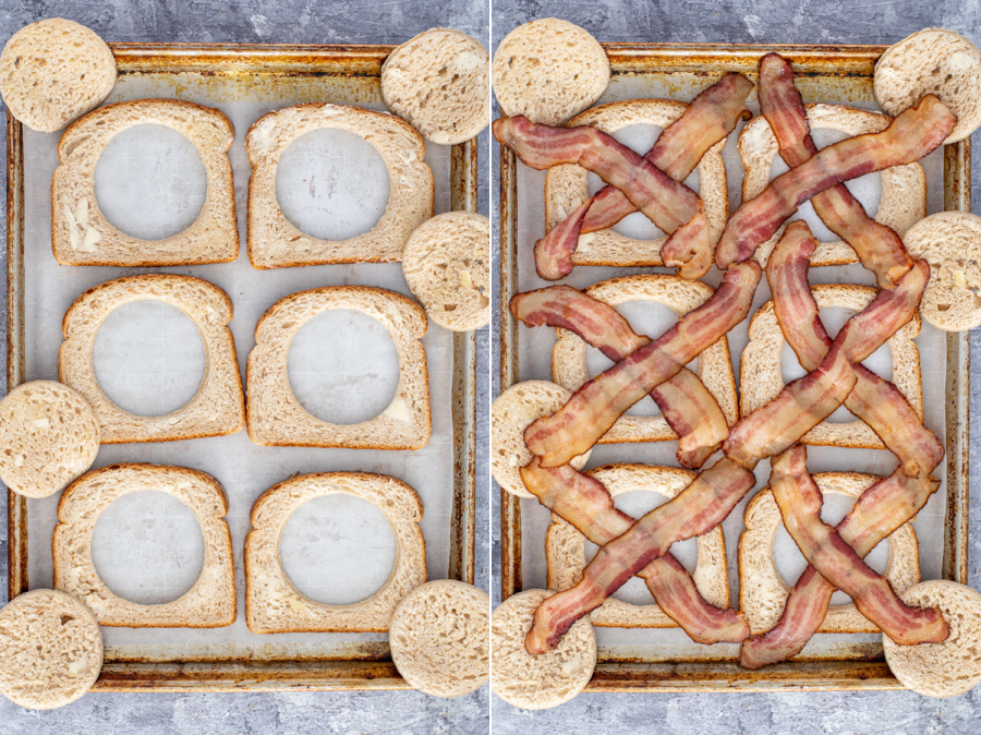Collage showing the steps of adding the bread with holes to a lined sheet pan and then adding the bacon in an 'X' shape in the holes.