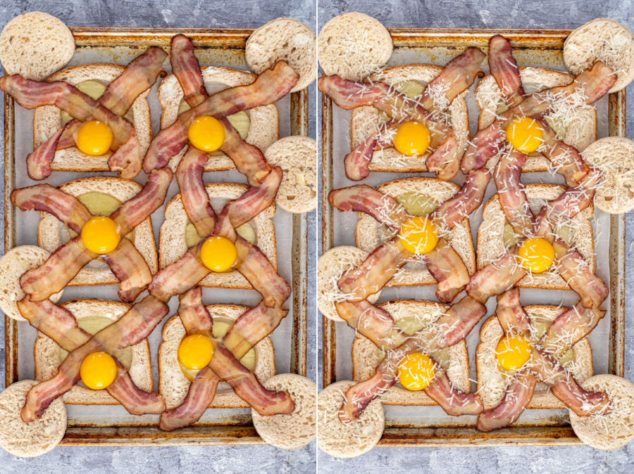 Collage showing eggs being cracked into the middle of the holes in the bread and then parmesan cheese being sprinkled over them.