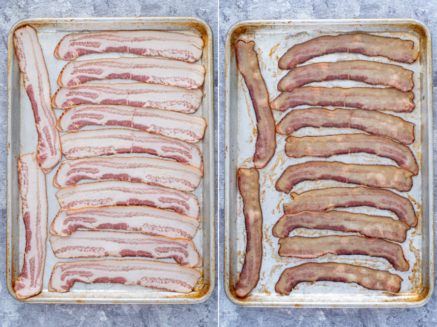 Before and after photo for the step of pre cooking the bacon.