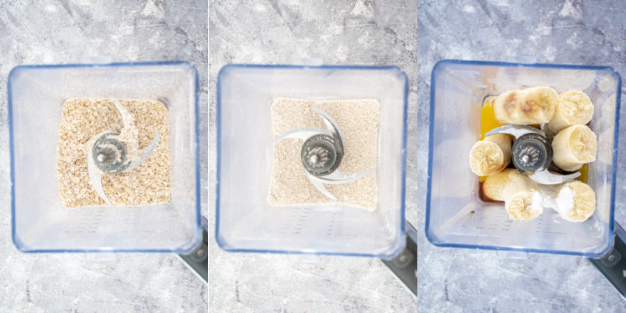 Collage showing the steps of blending down the oats and adding the rest of the ingredients.
