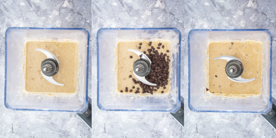 Collage of steps showing the batter blended smooth in a blender and adding in the mini chocolate chips.