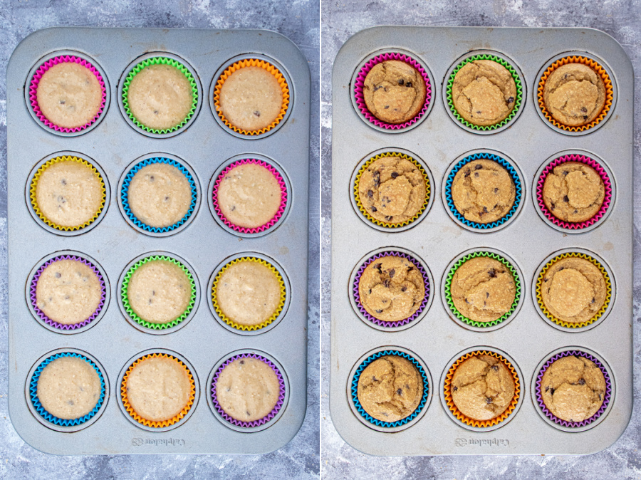 Collage of batter in a muffin tin before baking and the cooked muffins in a muffin tin after baking.