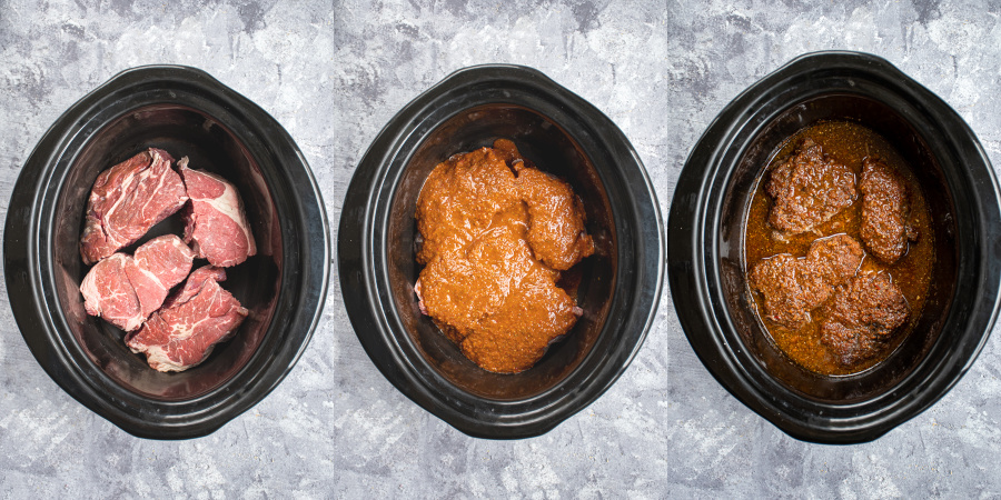 Collage showing the steps of adding the beef and sauce to the slow cooker.