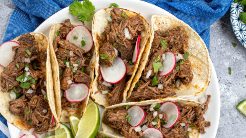 A tabletop with a blue towel, limes, cilantro, and a white plate with a bunch of tacos that are filled with crockpot beef barbacoa.