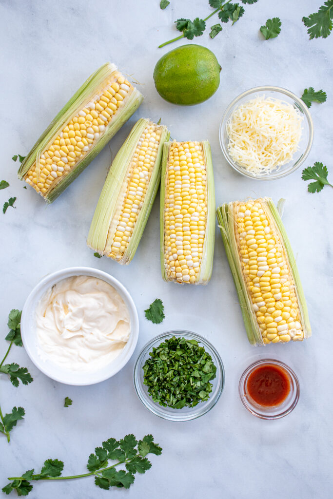 Ingredients needed to make easy Mexican Street Corn Dip recipe including fresh corn on the cob, mayo, and cilantro.
