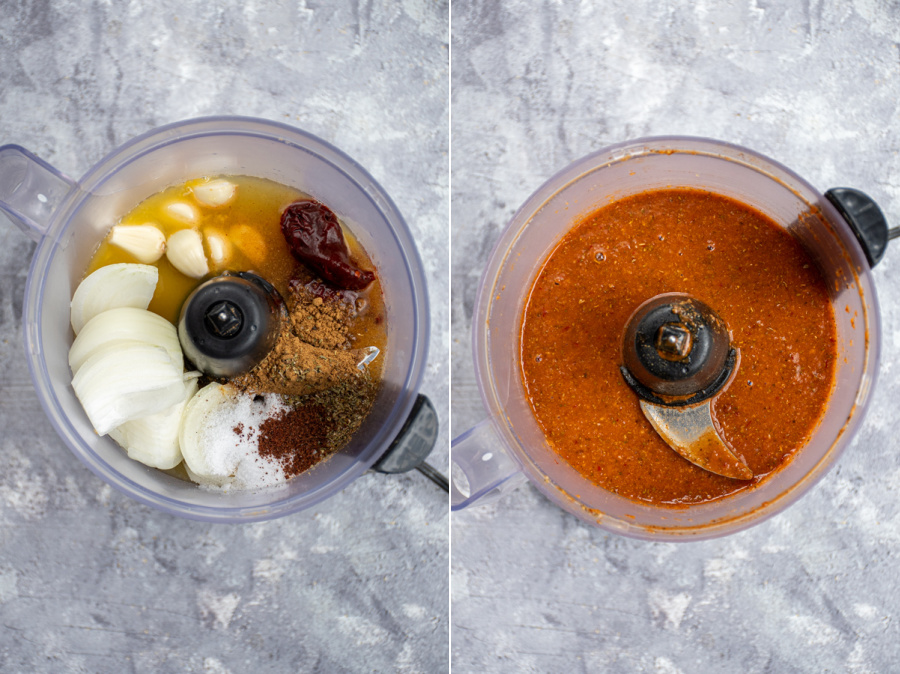 Collage showing the before and after of the sauce for crockpot barbacoa being made.