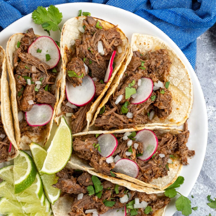 Close up view of five barbacoa filled tacos on a white plate next to a bunch of sliced limes and a bunch of cilantro.