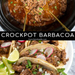 Pinterest Pin with text overlay 'Crockpot Barbacoa', image of crockpot with shredded beef and gold serving spoons.