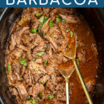Pinterest Pin with text overlay 'Crockpot Barbacoa', image of crockpot with shredded beef and gold serving spoons.