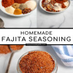 Pinterest Pin with text 'Homemade Fajita Seasoning', image of a jar of spices with a spoon resting full of fajita seasoning.