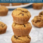 Pinterest Pin with text 'Flourless Banana Muffins', image of a stack of 3 muffins.