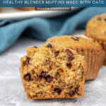 Pinterest Pin with text 'Flourless Banana Muffins', image of a cooked muffin broken open to show the inside.