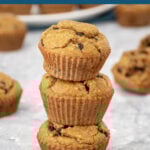 Pinterest Pin with text 'Flourless Banana Muffins', image of a stack of 3 muffins.