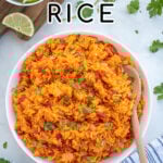 Pinterest Pin with overlay 'Mexican Rice' image of a large white bowl filled with mexican rice and garnished with cilantro.