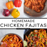 Pinterest Pin with text 'Homemade Chicken Fajitas', image of a cast iron filled with chicken and brightly colored bell peppers.