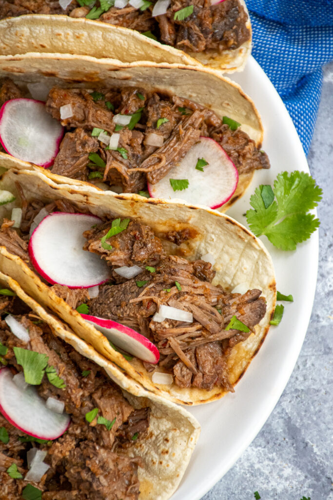 Close shot of a plate of tacos with beef barbacoa garnished with onions and cilantro.