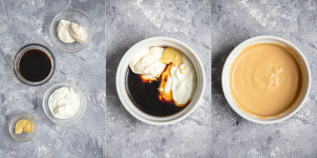 3 photo collage of ingredients for balsamic dipping sauce, mixing ingredients, and the finished sauce.
