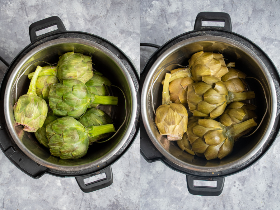 Before and after of cleaned and prepped artichokes for steaming in a pot of a pressure cooker on a trivet.