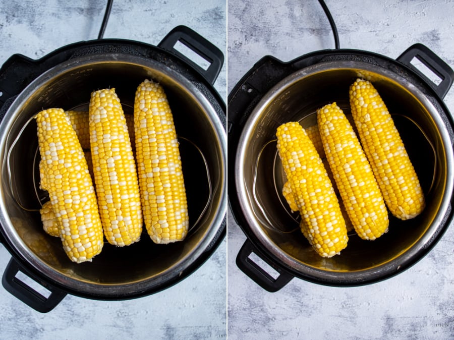 Before and after of a stack of corn on a trivet inside a pressure cooker.