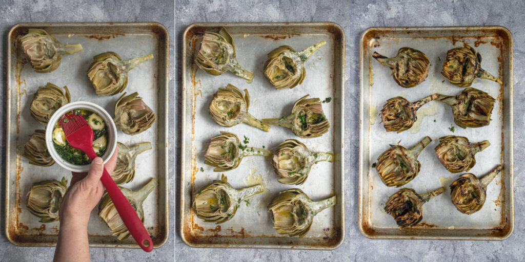 Collage showing off the a platter of steamed artichokes, they are then oiled, and then grilled with char marks.