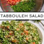 Pinterest Pin with text 'Tabbouleh Salad', image of a large white bowl of tabbouleh salad with parsley, bulgur, and tomatoes.