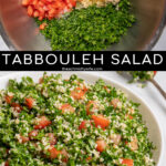 Pinterest Pin with text 'Tabbouleh Salad', image of a large white bowl of tabbouleh salad with parsley, bulgur, and tomatoes.