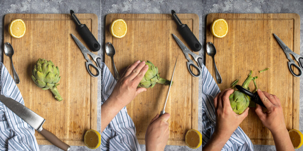 Cleaning and preparing an artichoke step cutting and peeling the stem.
