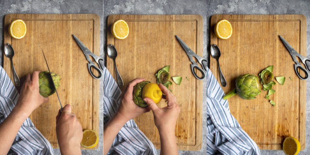 Cleaning and preparing an artichoke step cutting off the top inch and putting lemon juice on the top.