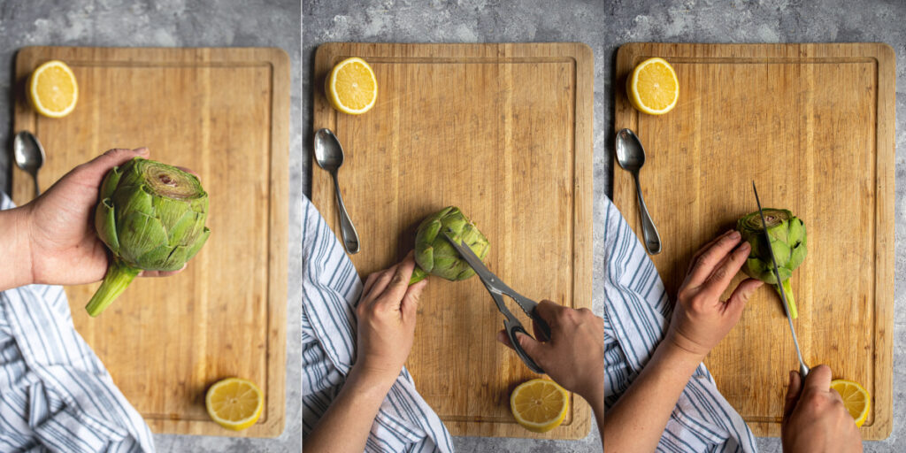 Cleaning and preparing an artichoke step cutting on the tops of each leg where it is pointy and then cutting the artichoke in half.
