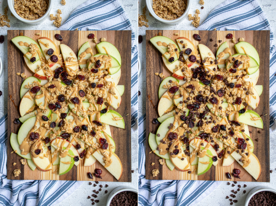 Steps showing the dried cranberries and mini chocolate chips being added over top the peanut butter and granola on the apple slices.