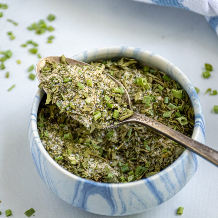 Small bowl of ranch seasoning mix with a spoon resting on top holding some of the seasoning.