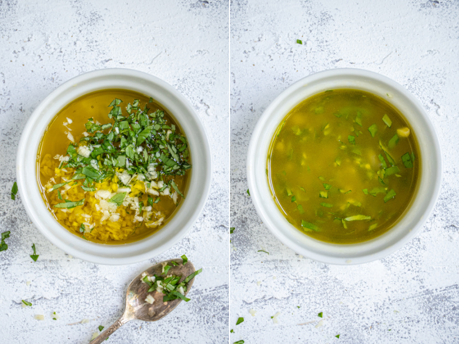 Mixing together the ingredients to make a marinade for vegetables.