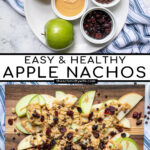Pinterest pin with text 'Easy & Healthy Apple Nachos', image showing cutting board layered with apples and toppings.