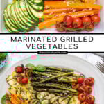 Pinterest pin with text 'Marinated Grilled Vegetables', image of a platter filled with freshly grilled veggies laid out nicely on a platter.