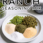 Pinterest Pin with text 'Homemade Ranch Seasoning Mix', image of a small white plate with piles of 6 different spices needed to make ranch.