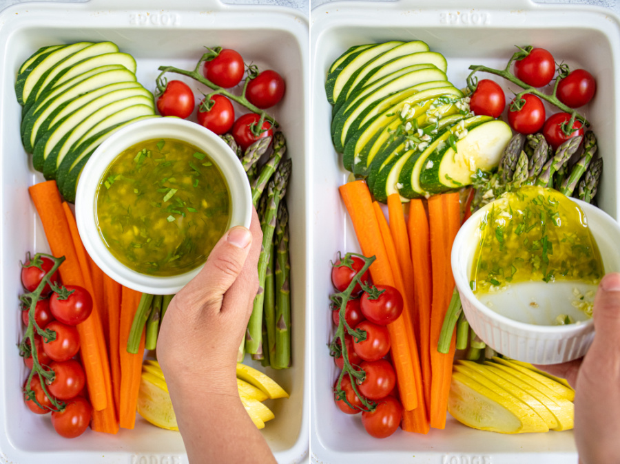 The marinade for the vegetables being poured over the cut veggies.