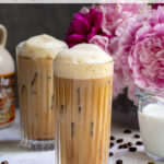 Pinterest Pin with text overlay 'Salted Maple Cold Brew', image of a glass of cold brew with a foam top.
